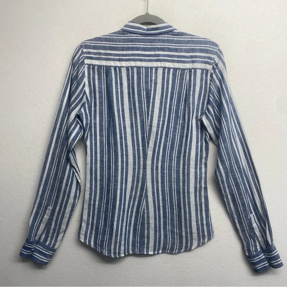 Frank & Eileen Barry 100% Linen Multi Blue Striped Button Down Blouse Shirt S - Picture 6 of 9